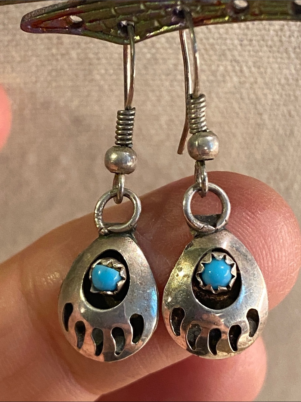 Vintage Bear Paw Dangle Earrings Silver Tone Turquoise Southwest Style